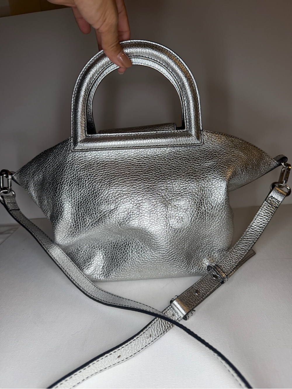 Tous Metallic Silver Leathet Top-Handle Crossbody Bag